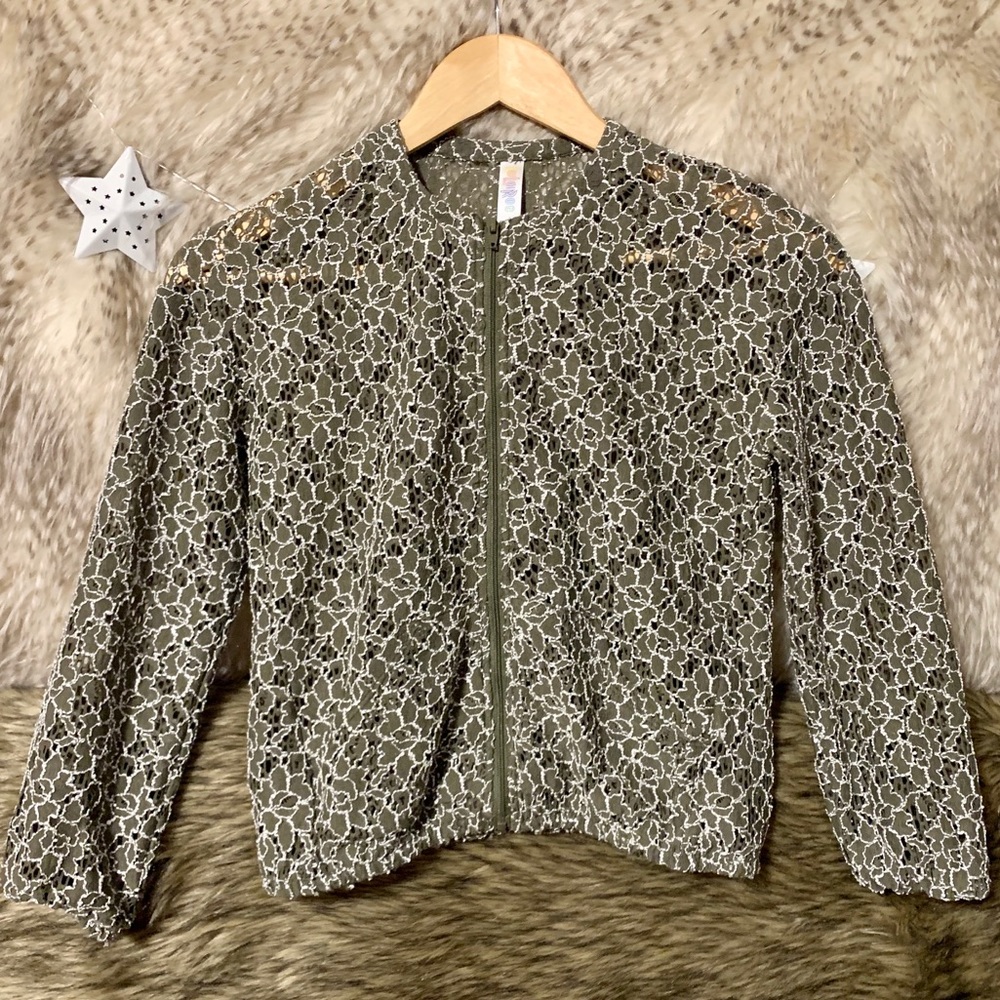 LulaRoe Monroe Olive Green Lace Zip Up Jacket